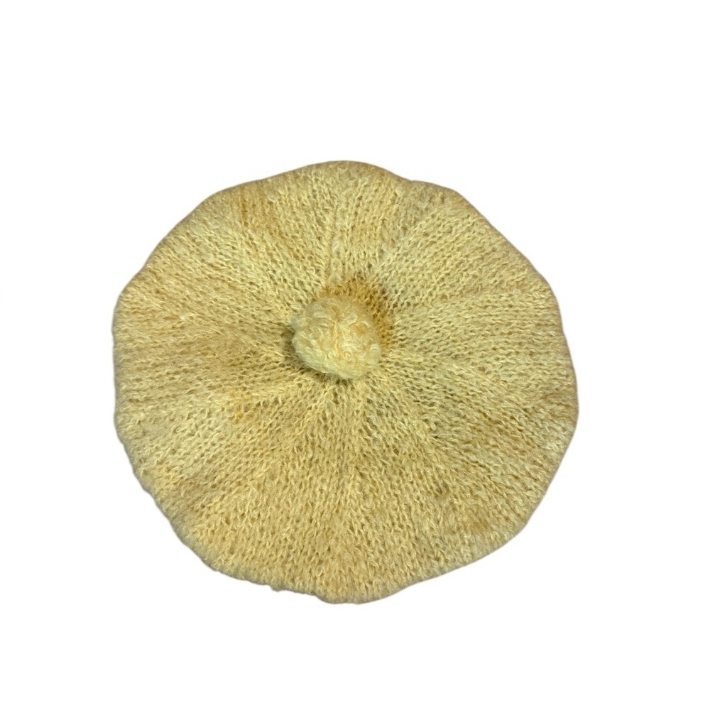 Butter Yellow knit, vintage, Pom Pom beret, o/s